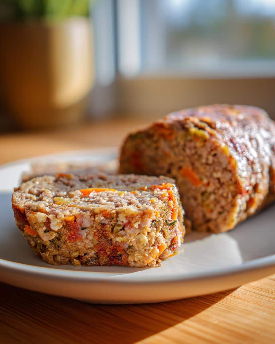 A slice of Beef Dog Food Roll Recipe with Carrots & Oats, showing visible carrots and oat pieces.