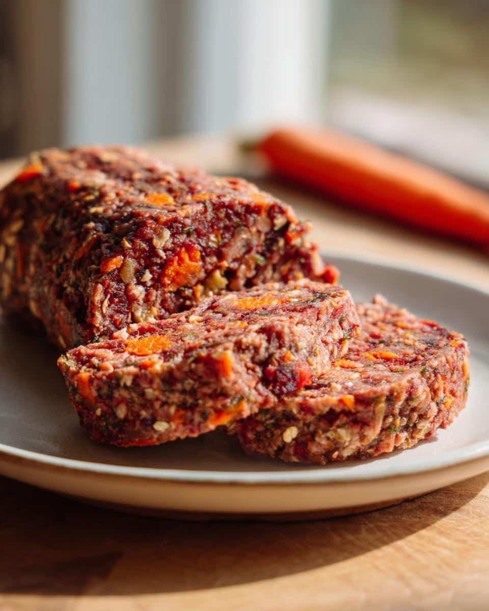 Sliced Beef Dog Food Roll Recipe with Carrots and oats on a plate, showing the ingredients.