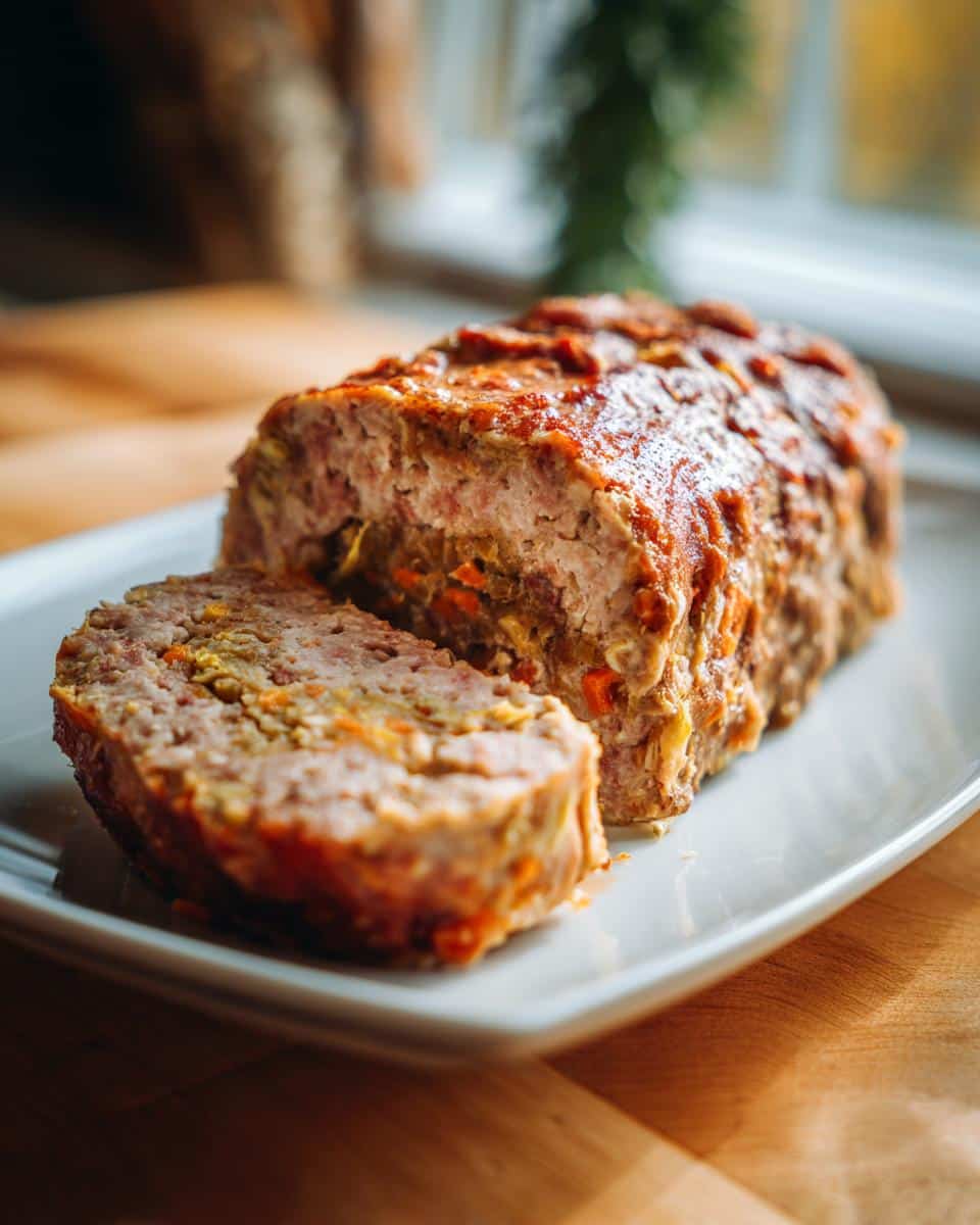 A sliced Beef Dog Food Roll Recipe with Carrots & Oats on a white plate, showing the ingredients inside.