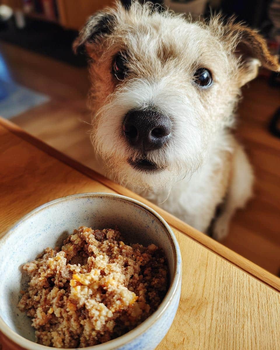 A cute dog looks longingly at a bowl of Two-Ingredient Beef & Egg Dog Food on a wooden table.
