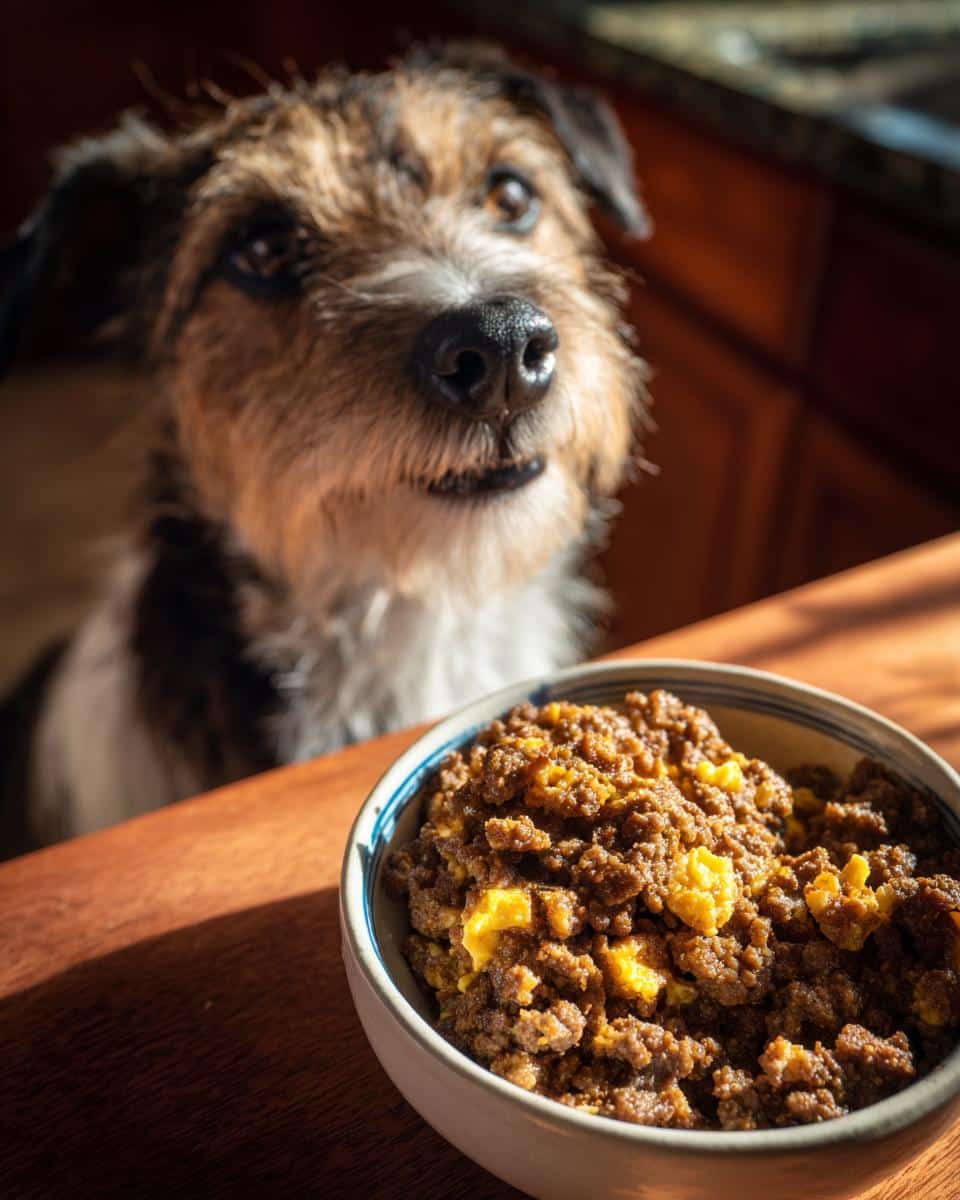 A dog looks longingly at a bowl of Two-Ingredient Beef & Egg Dog Food.