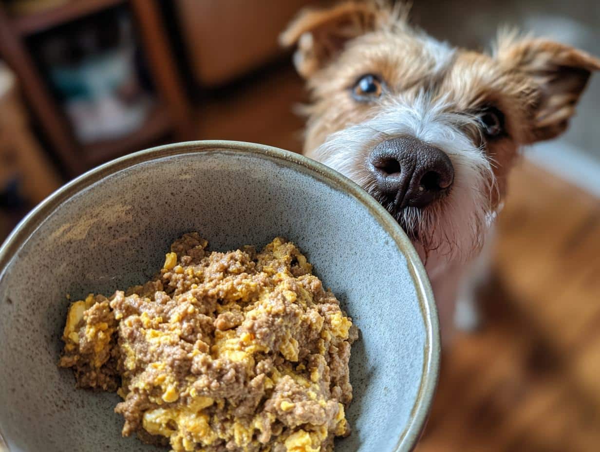 A dog eagerly awaits a bowl of Two-Ingredient Beef & Egg Dog Food.