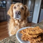 Golden Retriever dog looking longingly at a plate of Beef Liver Crackers.