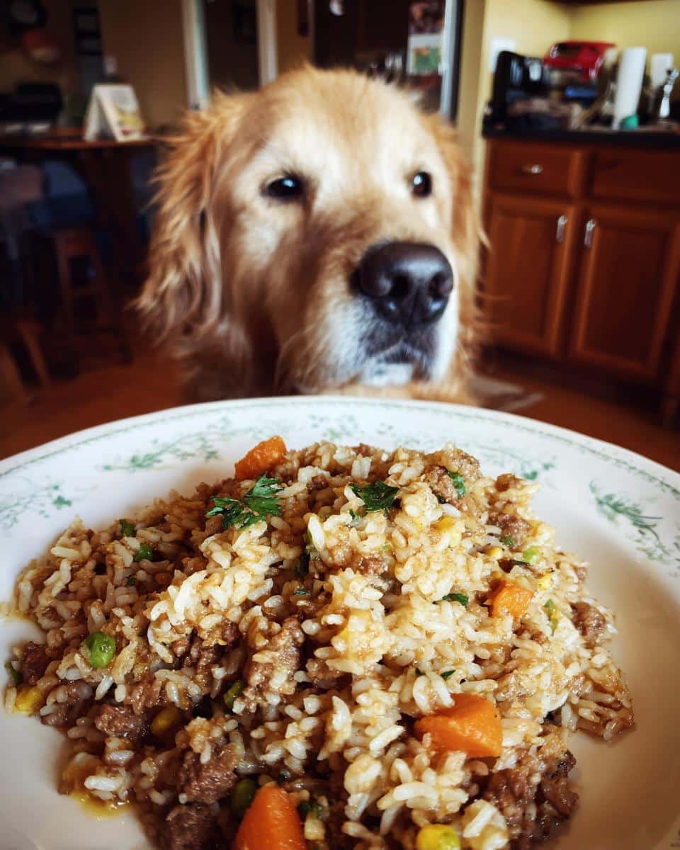 Golden retriever looking longingly at a plate of Beef & Pumpkin Digestive Dog Food. Focus on the food.