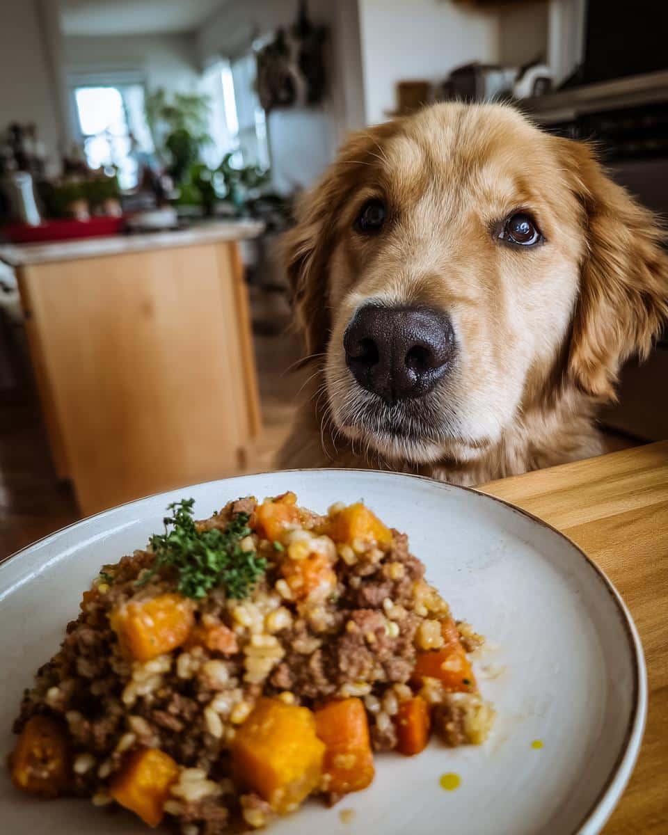 Golden Retriever dog eagerly awaits a plate of Beef & Pumpkin Digestive Dog Food.