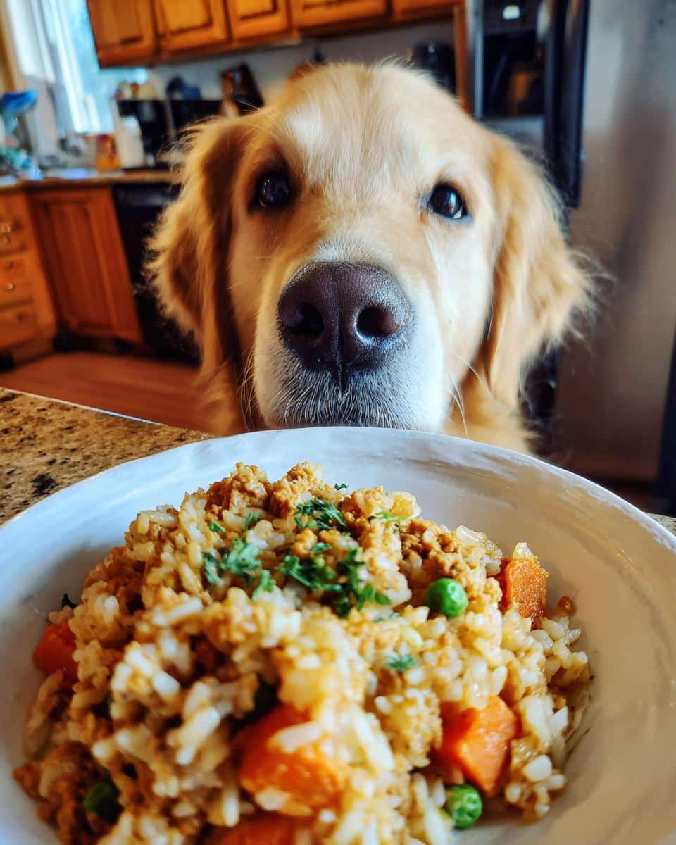 A golden retriever looks longingly at a bowl of Beef & Pumpkin Digestive Dog Food with rice, pumpkin, peas, and beef.