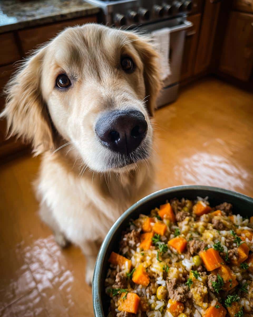 Golden Retriever dog looking at a bowl of Beef & Pumpkin Digestive Dog Food. Healthy homemade recipe.