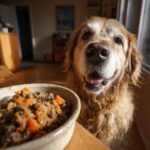 A happy golden retriever looks at a bowl of Beef & Pumpkin Large Dog Food, ready to eat.