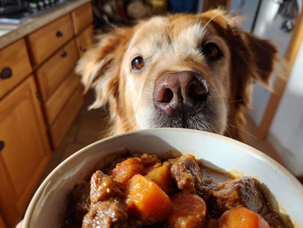 Golden retriever dog eagerly looking at a bowl of Beef & Pumpkin Large Dog Food.