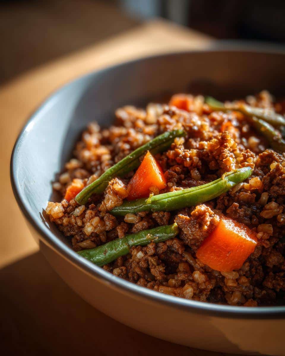 Bowl of Beef and Rice Dog Food Recipe with carrots and green beans, ready to serve.