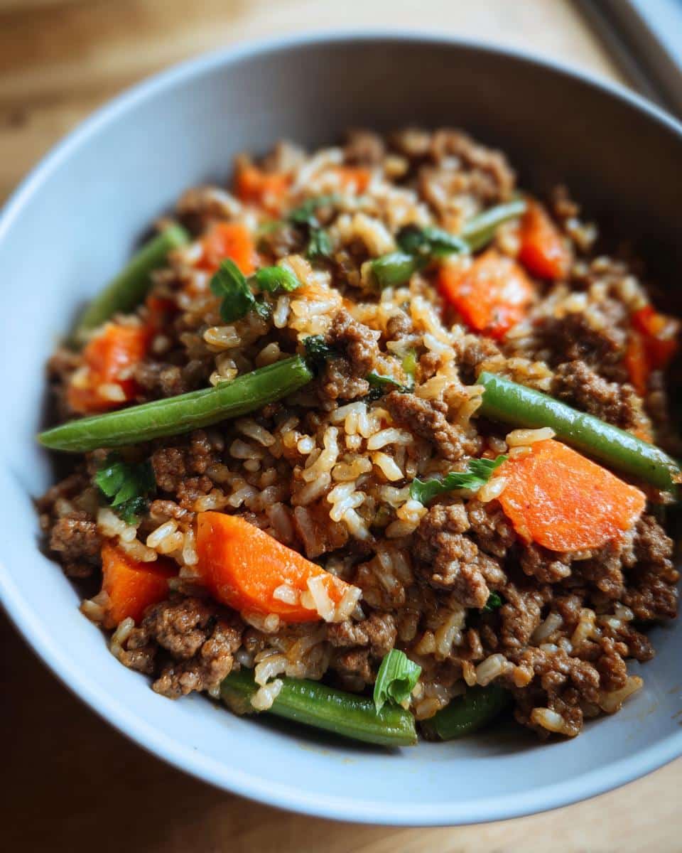 A bowl of homemade Beef and Rice Dog Food Recipe with beef, rice, carrots, and green beans.