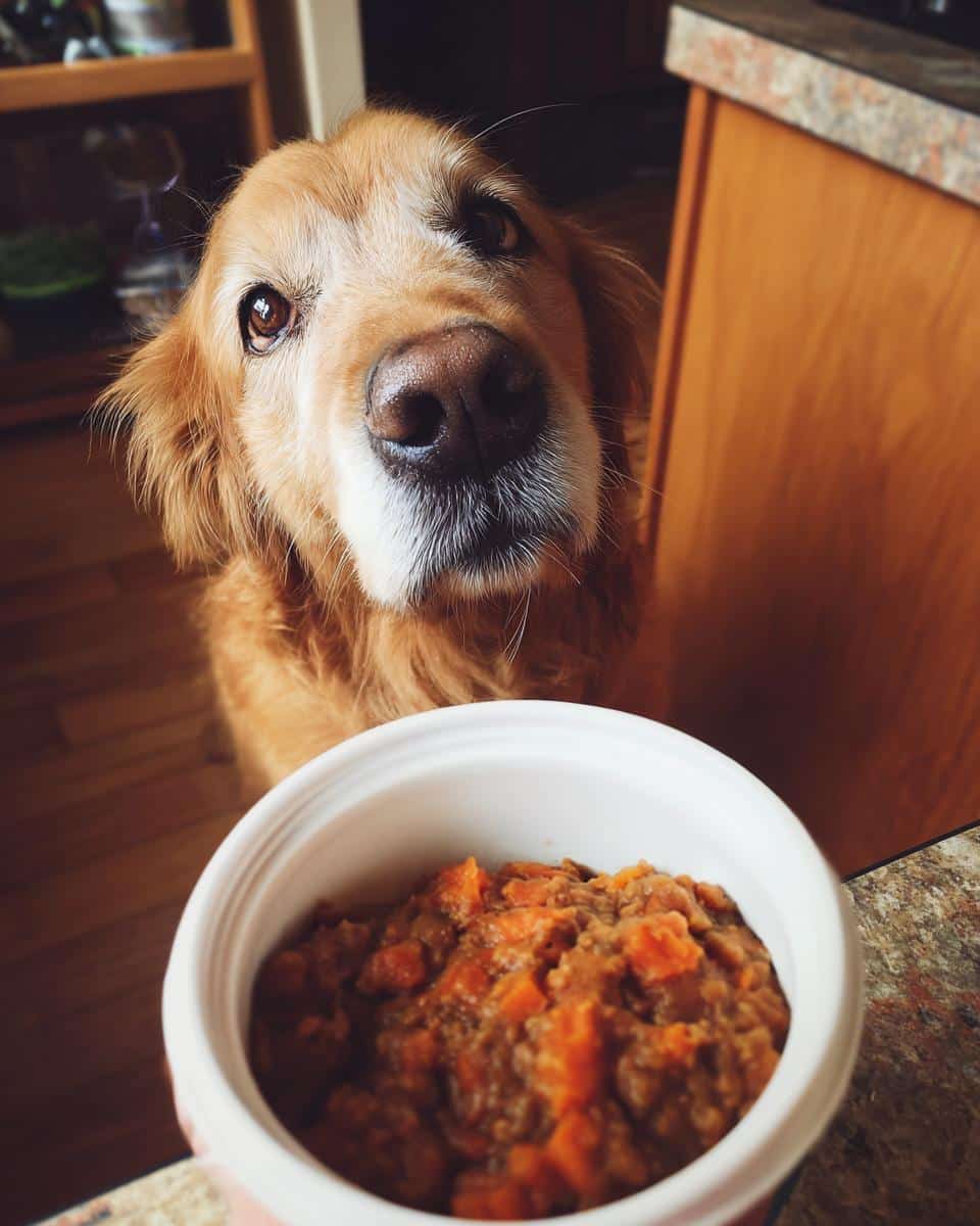 A golden retriever looks longingly at a bowl of Top Beef & Sweet Potato Dog Food.