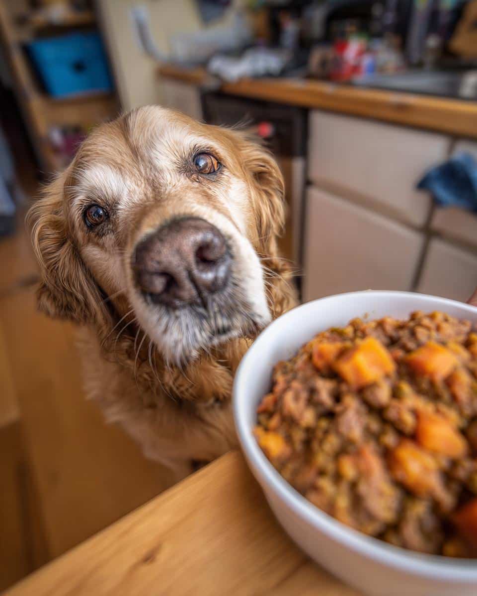 Golden retriever looking longingly at a bowl of Top Beef & Sweet Potato Dog Food.