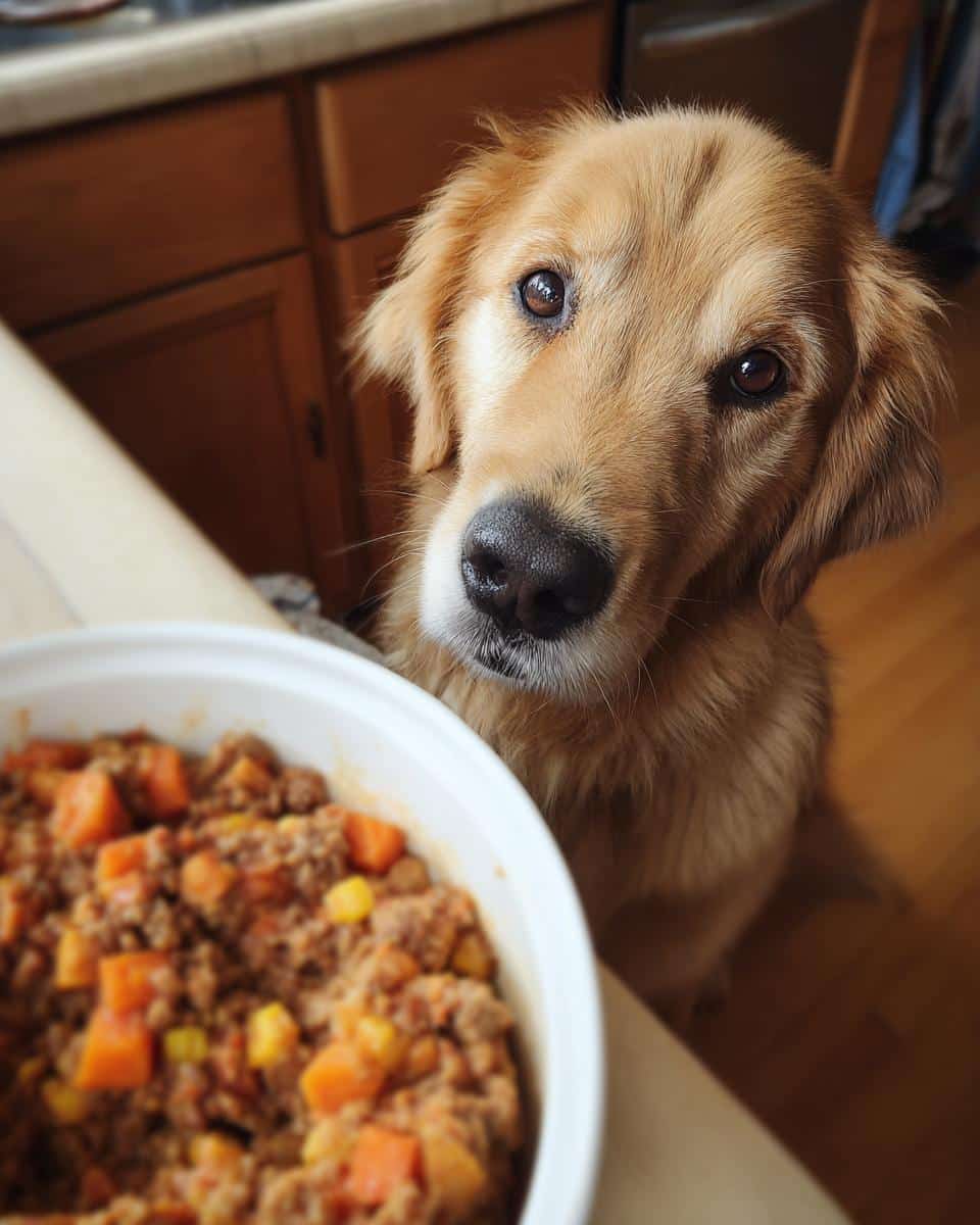 Golden Retriever dog looking longingly at a bowl of Top Beef & Sweet Potato Dog Food.