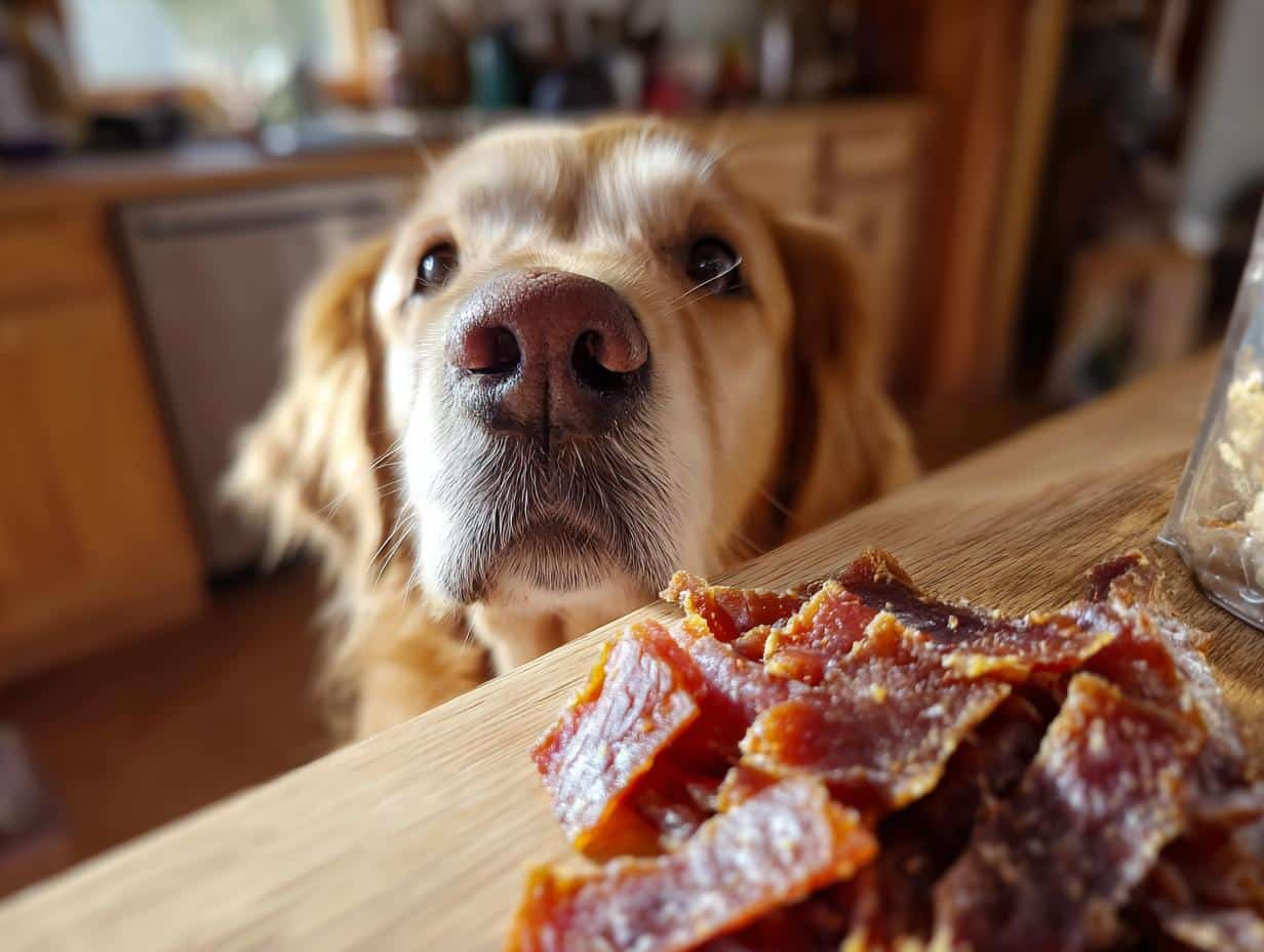 Golden Retriever looking longingly at Top Beef & Sweet Potato Dog Food on a wooden surface.