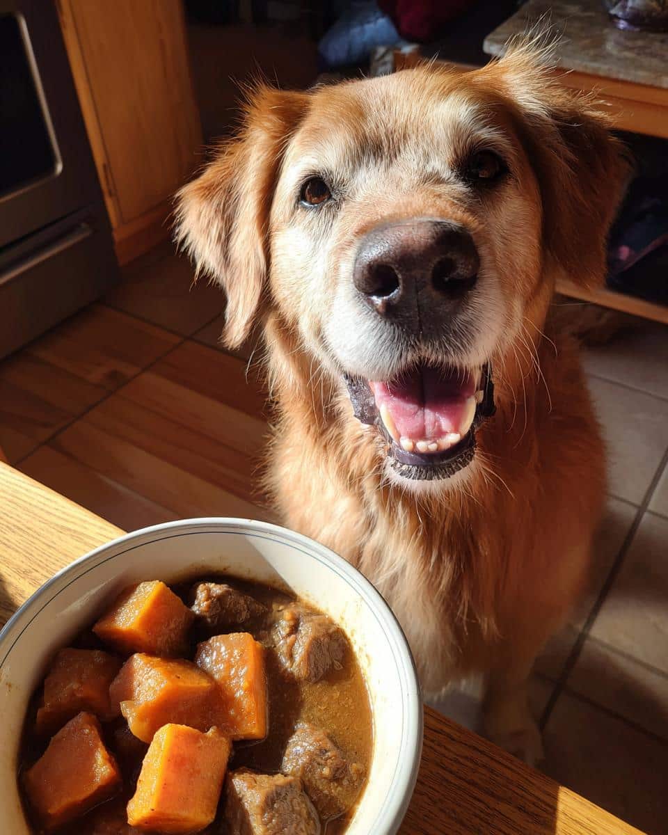 Happy dog looking at a bowl of Beef & Sweet Potato Stew for Dogs.