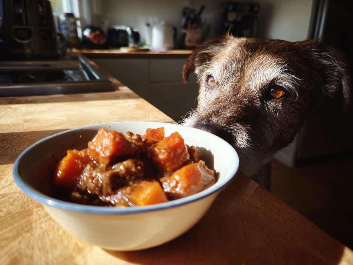 A dog longingly gazes at a bowl of Beef & Sweet Potato Stew, a recipe made just for dogs.