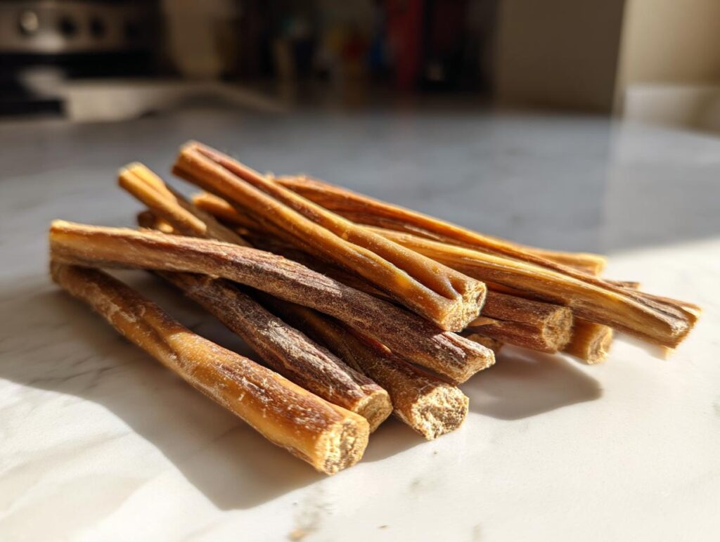 A pile of Beef and Vegetable Chew Sticks for Dogs on a marble countertop, ready to be enjoyed.