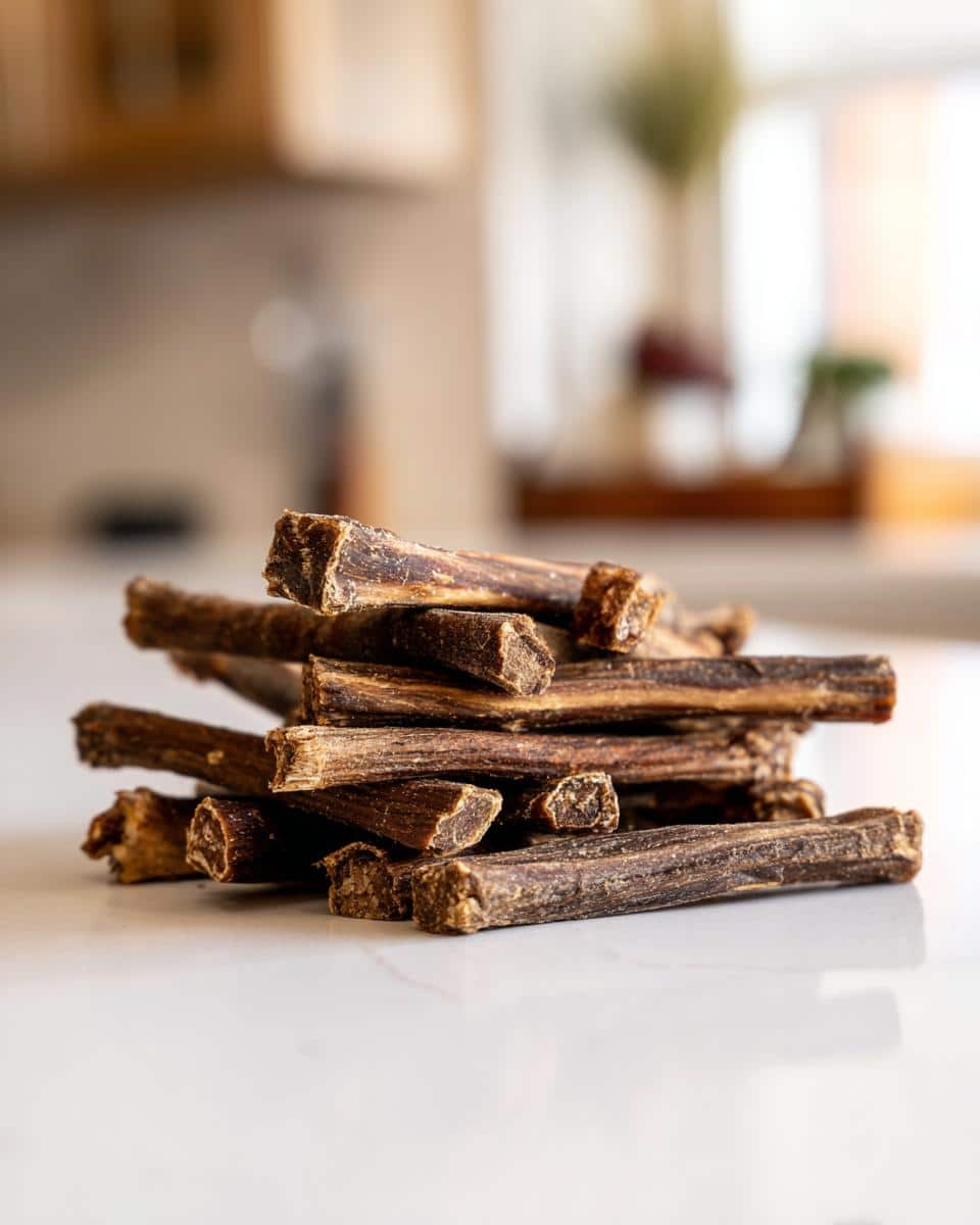 A stack of Beef and Vegetable Chew Sticks for Dogs on a white countertop.