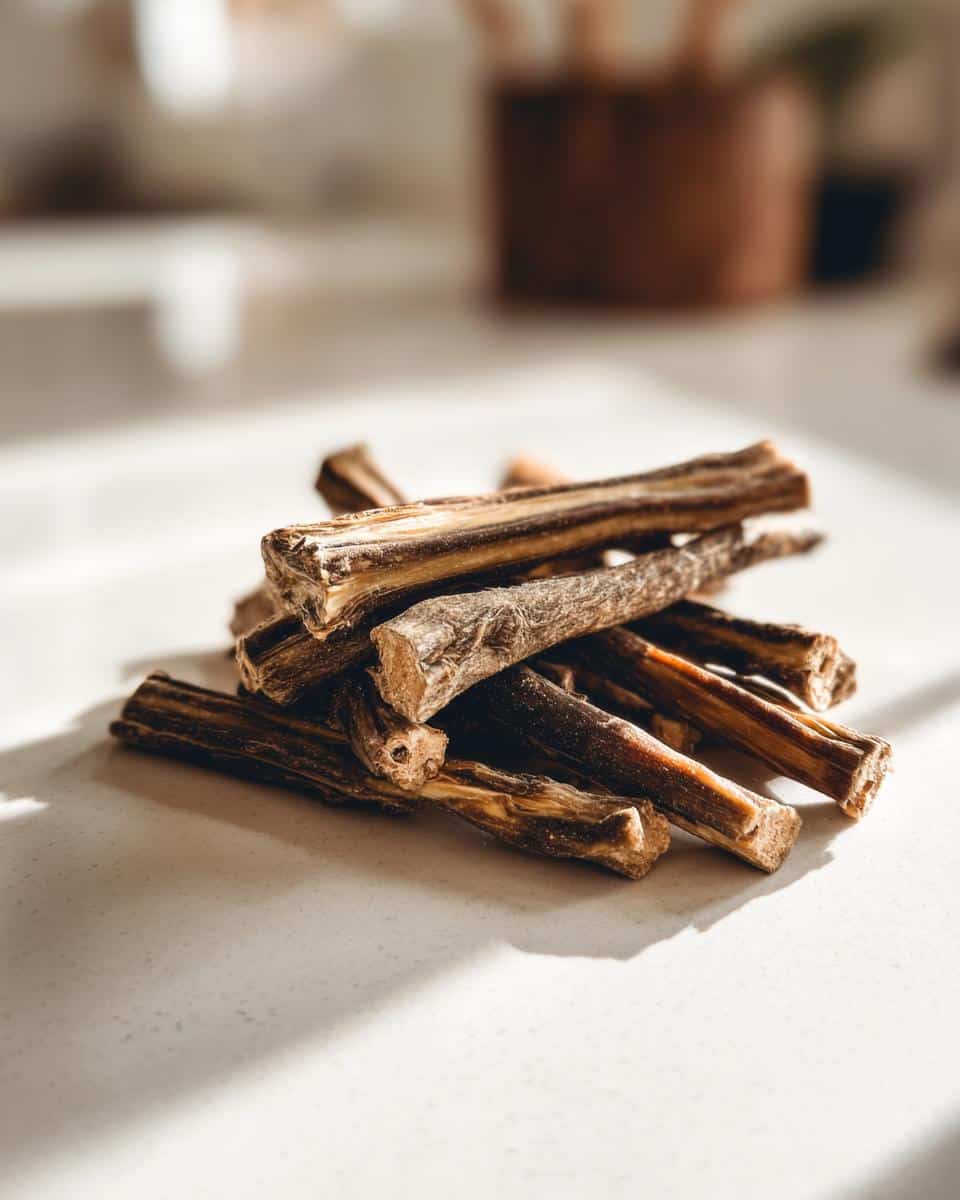 A stack of Beef and Vegetable Chew Sticks for Dogs, showing their texture and shape.