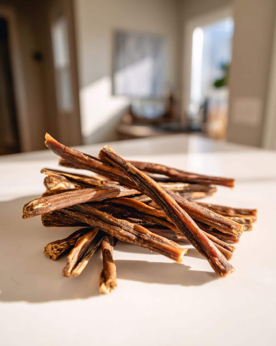 A pile of Beef and Vegetable Chew Sticks for Dogs on a white surface, ready to be enjoyed.