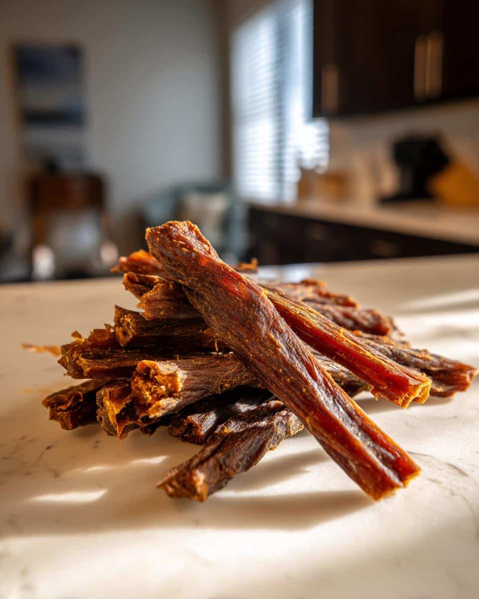 A pile of Beef and Vegetable Chew Sticks for Dogs on a marble surface, ready to be enjoyed.