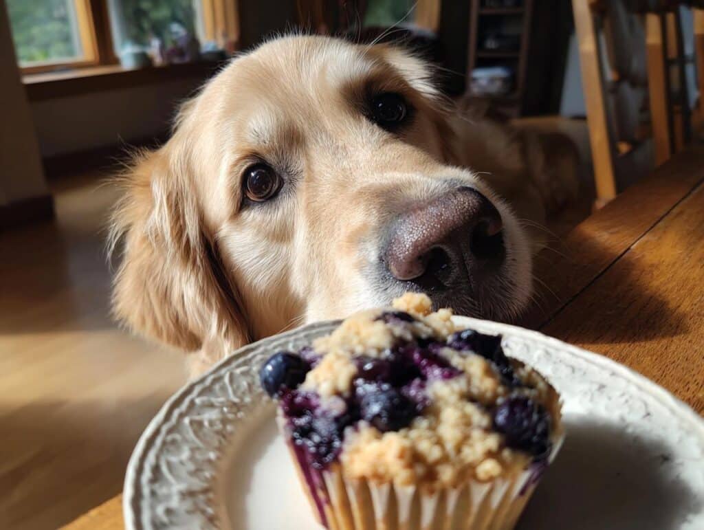 Golden Retriever longingly looks at a Blueberry Coconut Muffin. Recipe for Dogs.