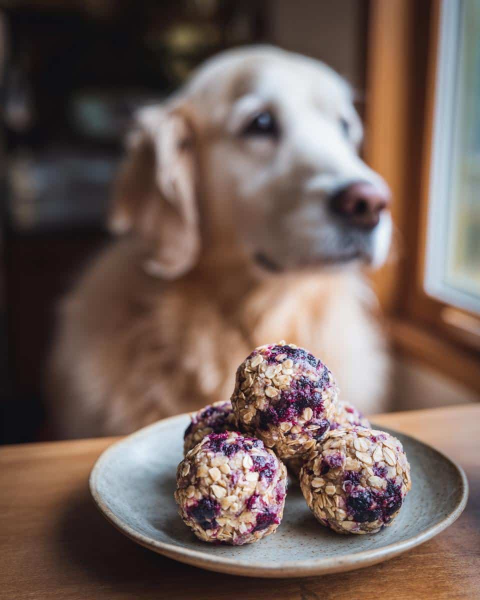 A plate of Blueberry Oat Energy Balls – Recipe for Dogs, with a golden retriever looking on in the background.