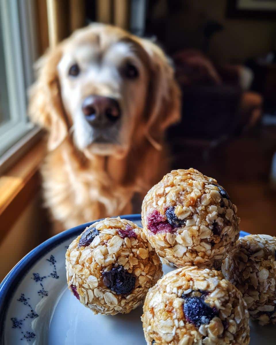 A plate of Blueberry Oat Energy Balls – Recipe for Dogs, with a golden retriever in the background.