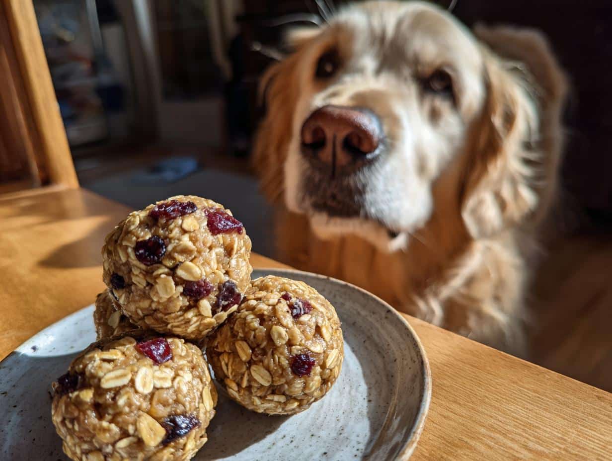 A golden retriever looks longingly at a plate of Blueberry Oat Energy Balls – Recipe for Dogs.