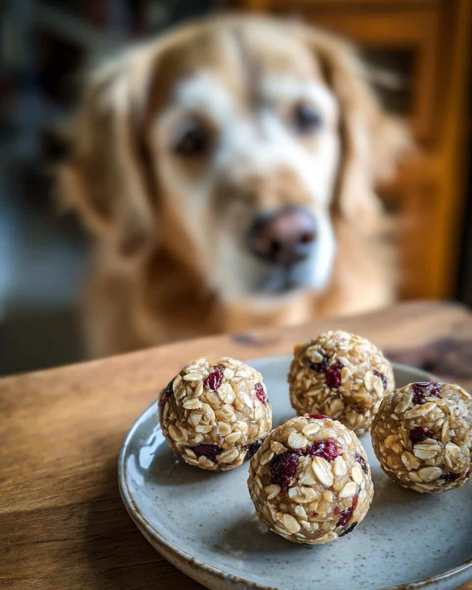 Four Blueberry Oat Energy Balls – Recipe for Dogs, displayed on a plate with a dog looking on in the background.