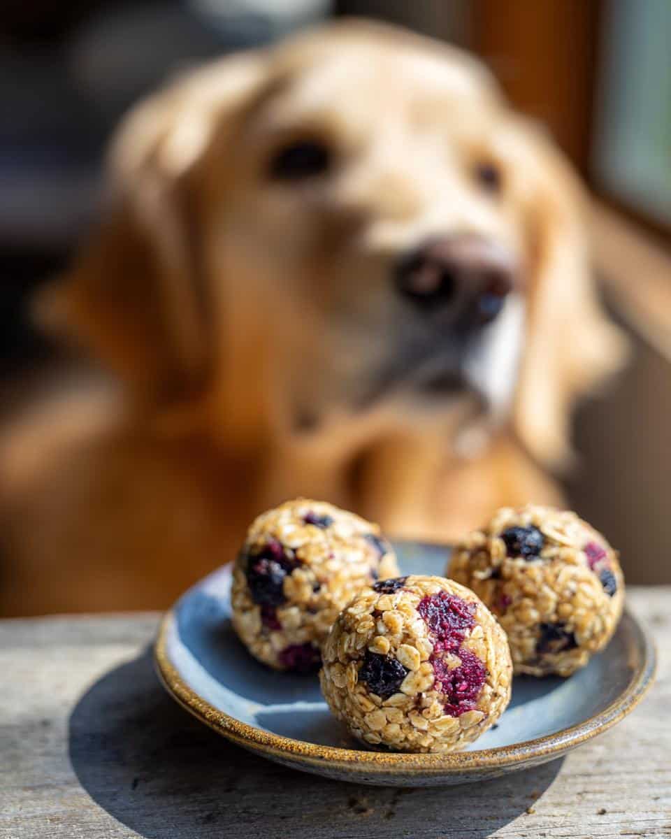 Three Blueberry Oat Energy Balls – Recipe for Dogs, displayed on a small plate with a dog in the background.