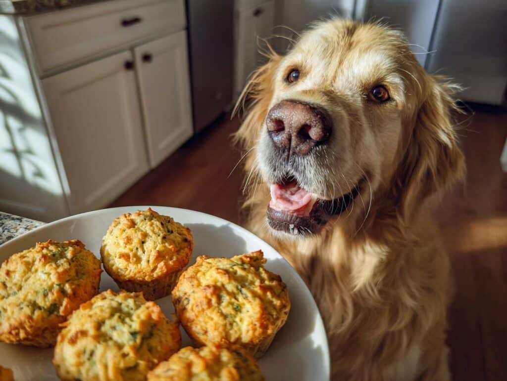 Golden Retriever dog looking excitedly at a plate of Blueberry Spinach Biscuits – Recipe for Dogs.