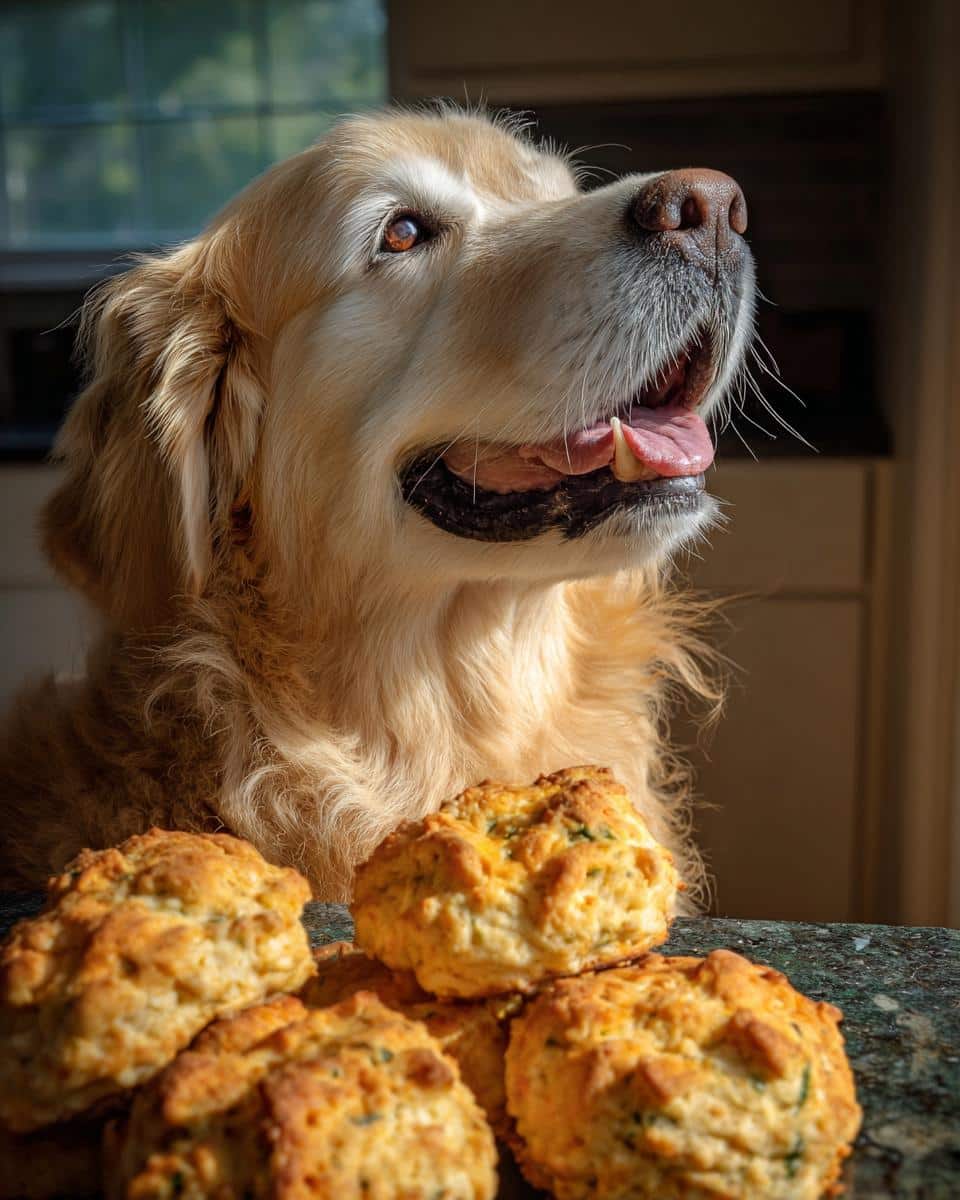 Golden Retriever dog looking longingly at a pile of Broccoli Cheddar Biscuits – Recipe for Dogs.
