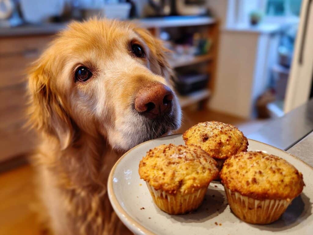 Golden retriever dog looking longingly at a plate of Carob Banana Muffins made for dogs.