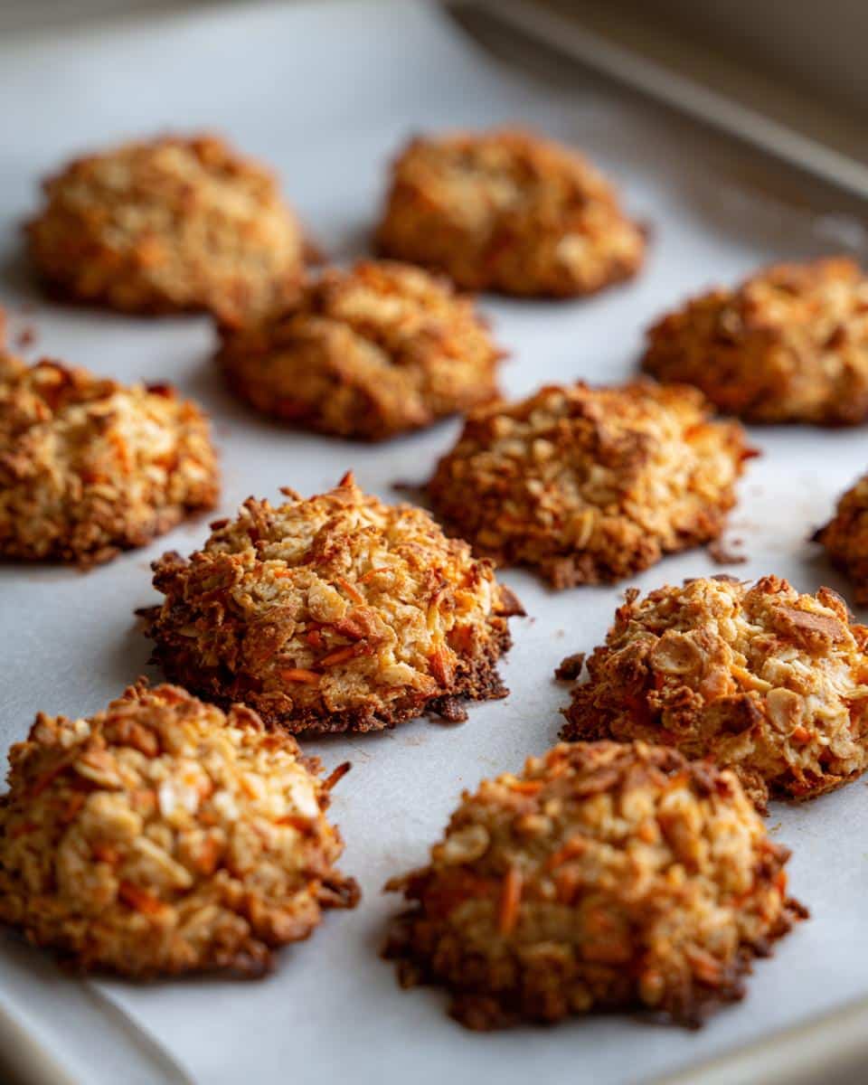 A batch of homemade Carrot Apple Crunchies for Dogs cooling on a baking sheet.