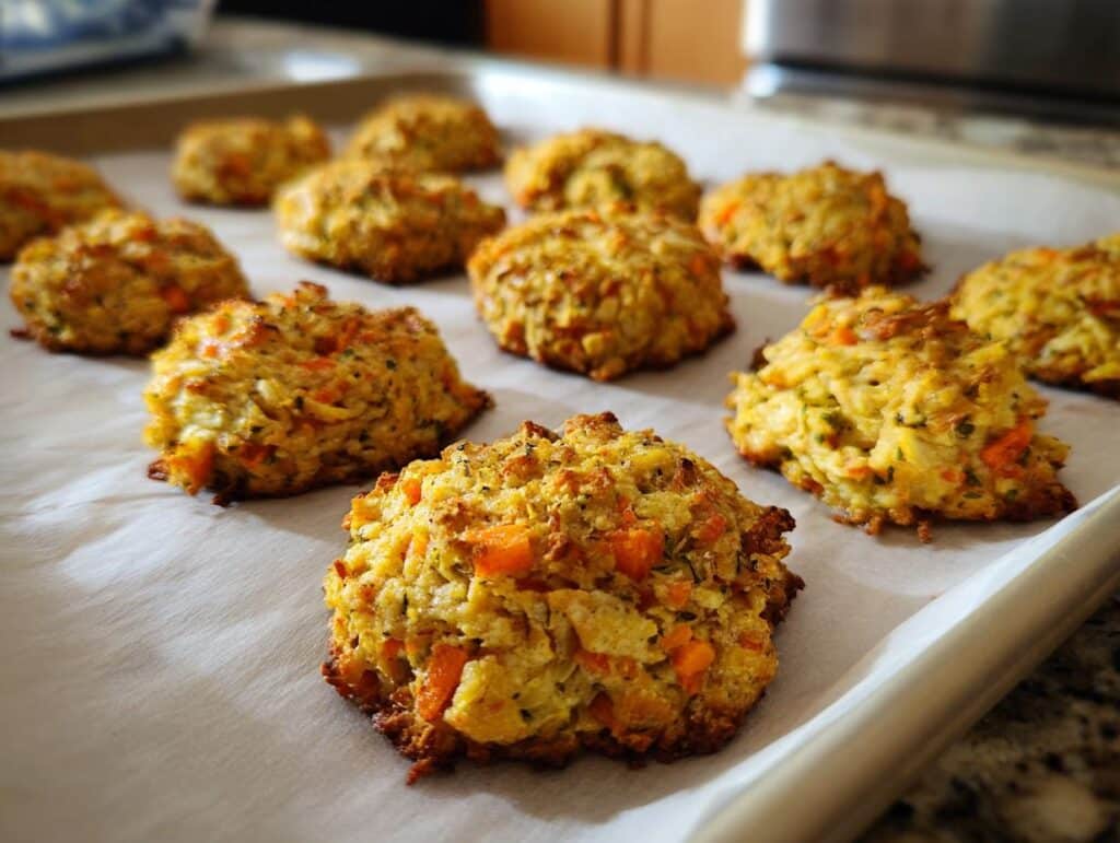 Homemade Carrot Apple Crunchies for Dogs cooling on a baking sheet, ready to be served as a healthy treat.