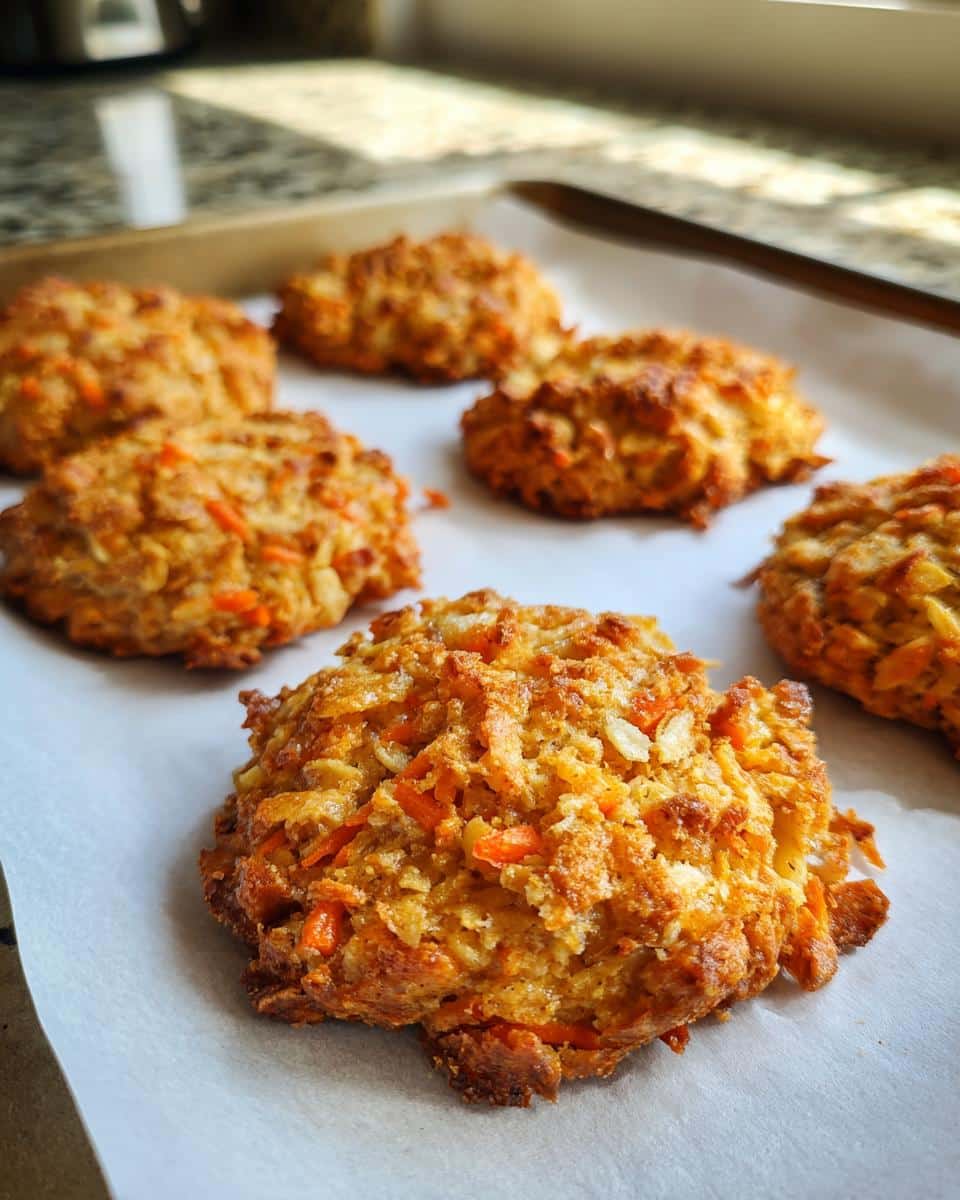 A batch of homemade Carrot Apple Crunchies for Dogs cooling on a baking sheet.