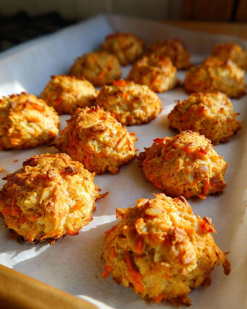 Tray of homemade Carrot Apple Crunchies for Dogs, baked to a golden brown.