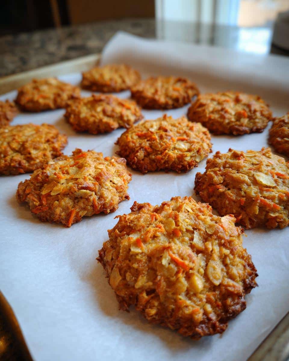 A batch of homemade Carrot Apple Crunchies for Dogs cooling on a baking sheet.