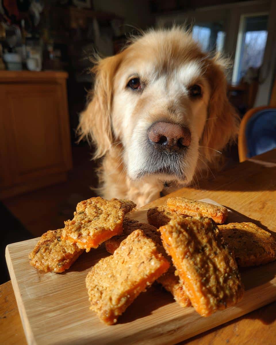 Golden Retriever looking at a pile of homemade Cheese & Carrot Crackers for Dogs on a wooden board.