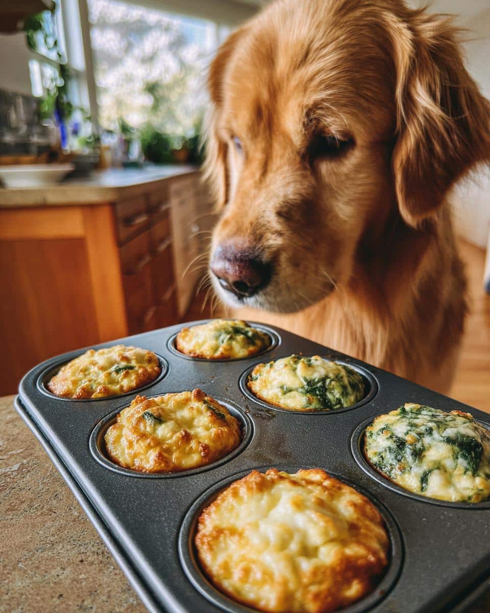Golden Retriever dog looking at a muffin tin of Cheese & Spinach Egg Bites.