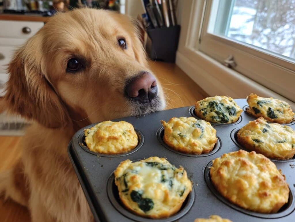 Golden retriever looking at a muffin tin full of Cheese & Spinach Egg Bites.