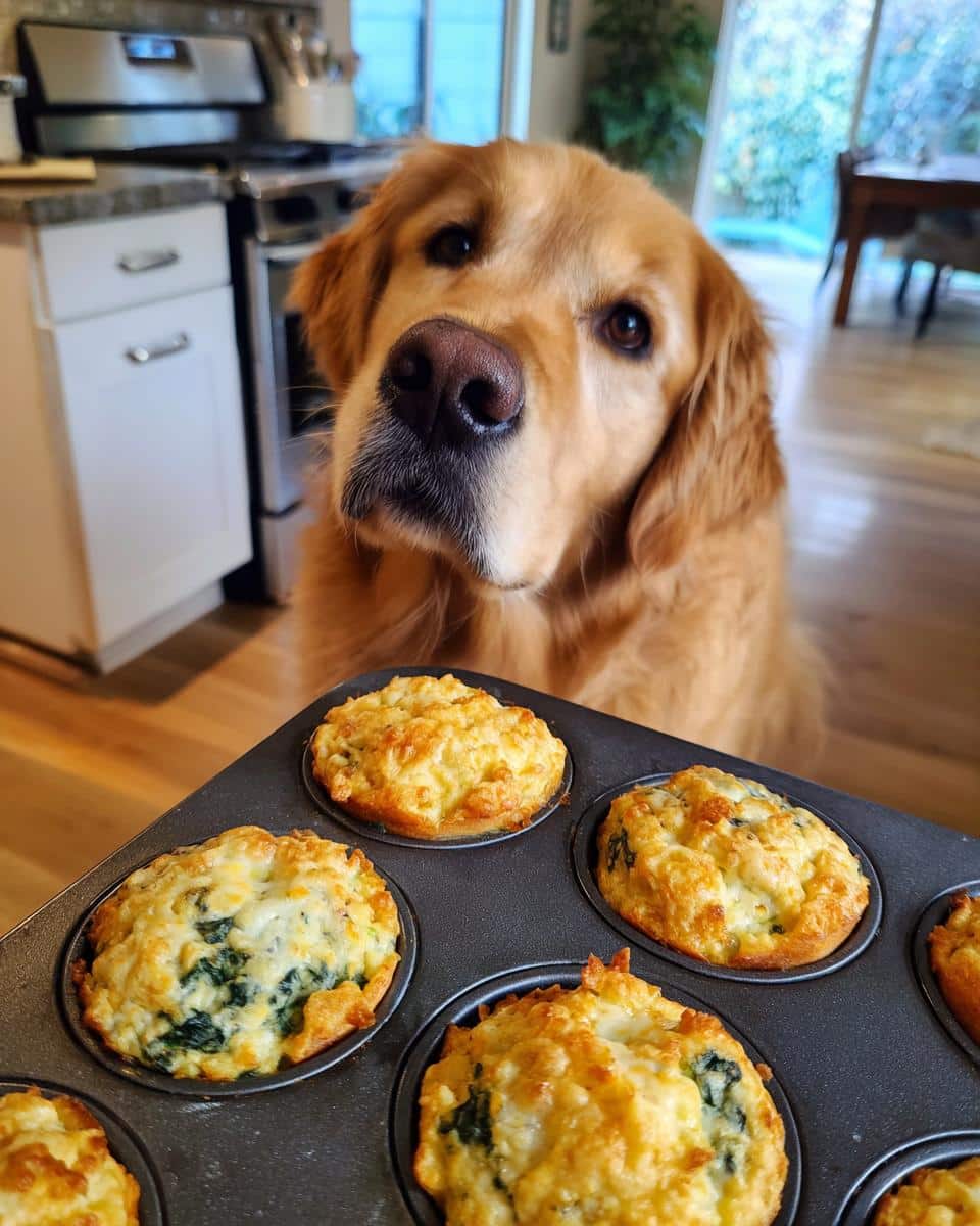 Golden Retriever looking at a tray of Cheese & Spinach Egg Bites, a tasty recipe for dogs.