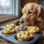 Golden Retriever eyeing a tray of Cheese & Spinach Egg Bites, a tasty treat for dogs.