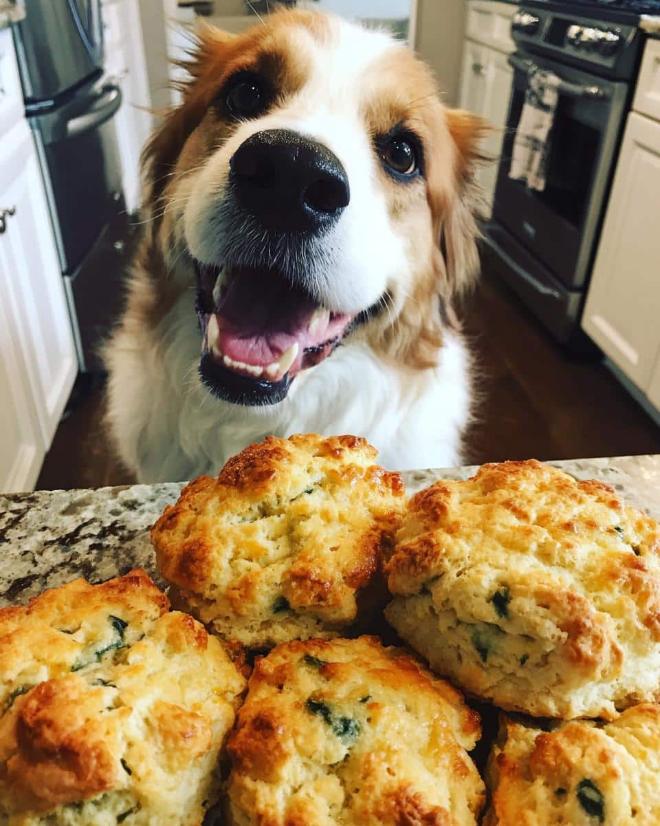 A dog looks excitedly at a batch of freshly baked Cheesy Spinach Biscuits – Recipe for Dogs.