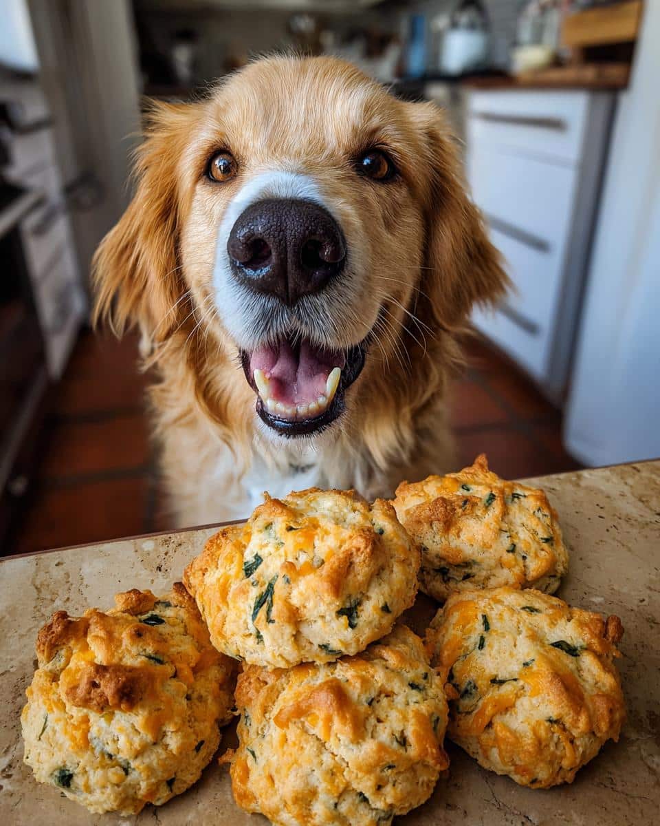 Happy dog looking at a pile of homemade Cheesy Spinach Biscuits – Recipe for Dogs.