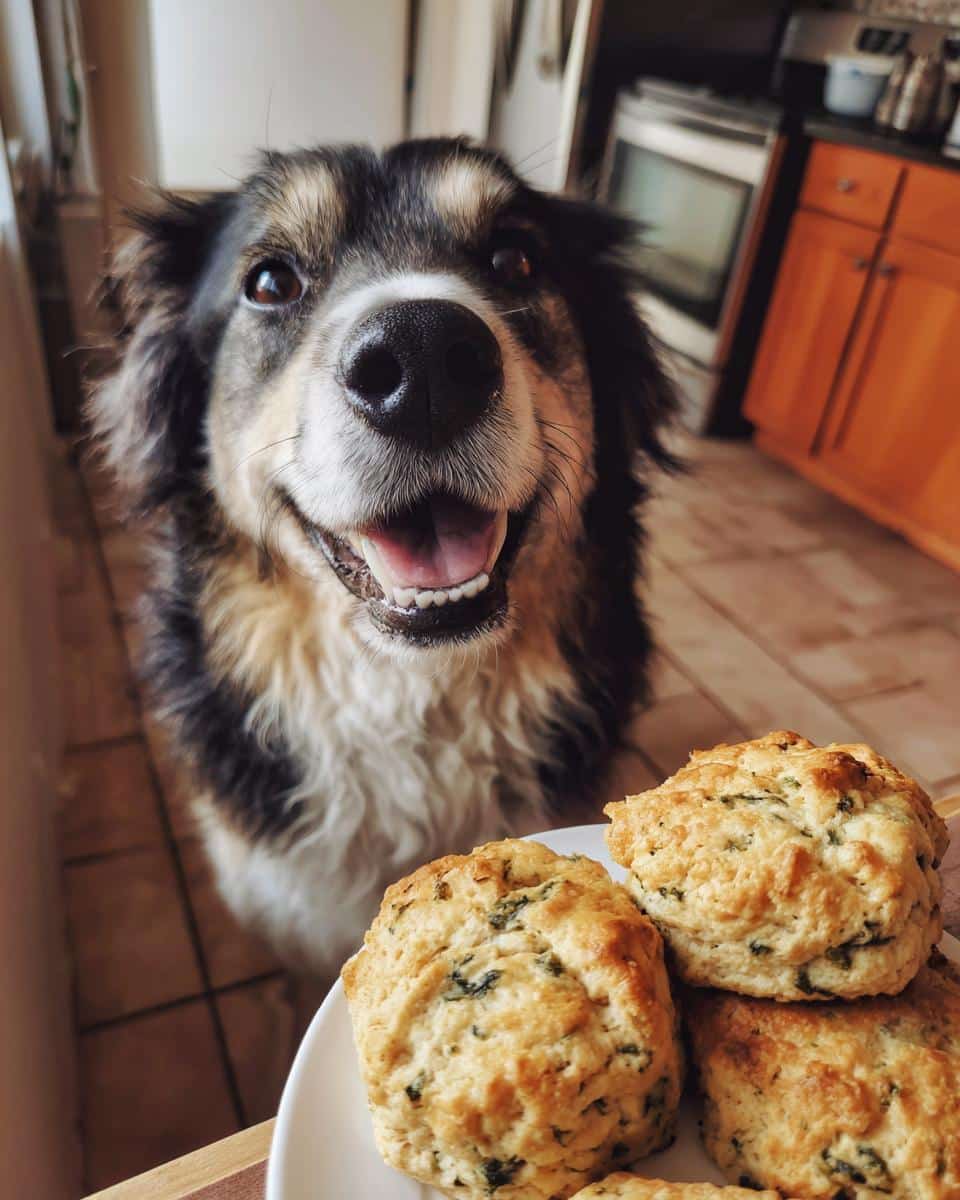 A happy dog looks at a plate of Cheesy Spinach Biscuits. Recipe for Dogs.