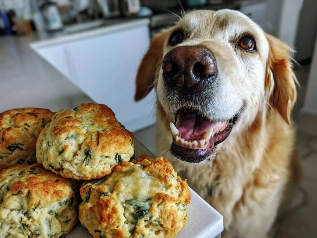 Golden Retriever dog looking at a stack of freshly baked Cheesy Spinach Biscuits – Recipe for Dogs.