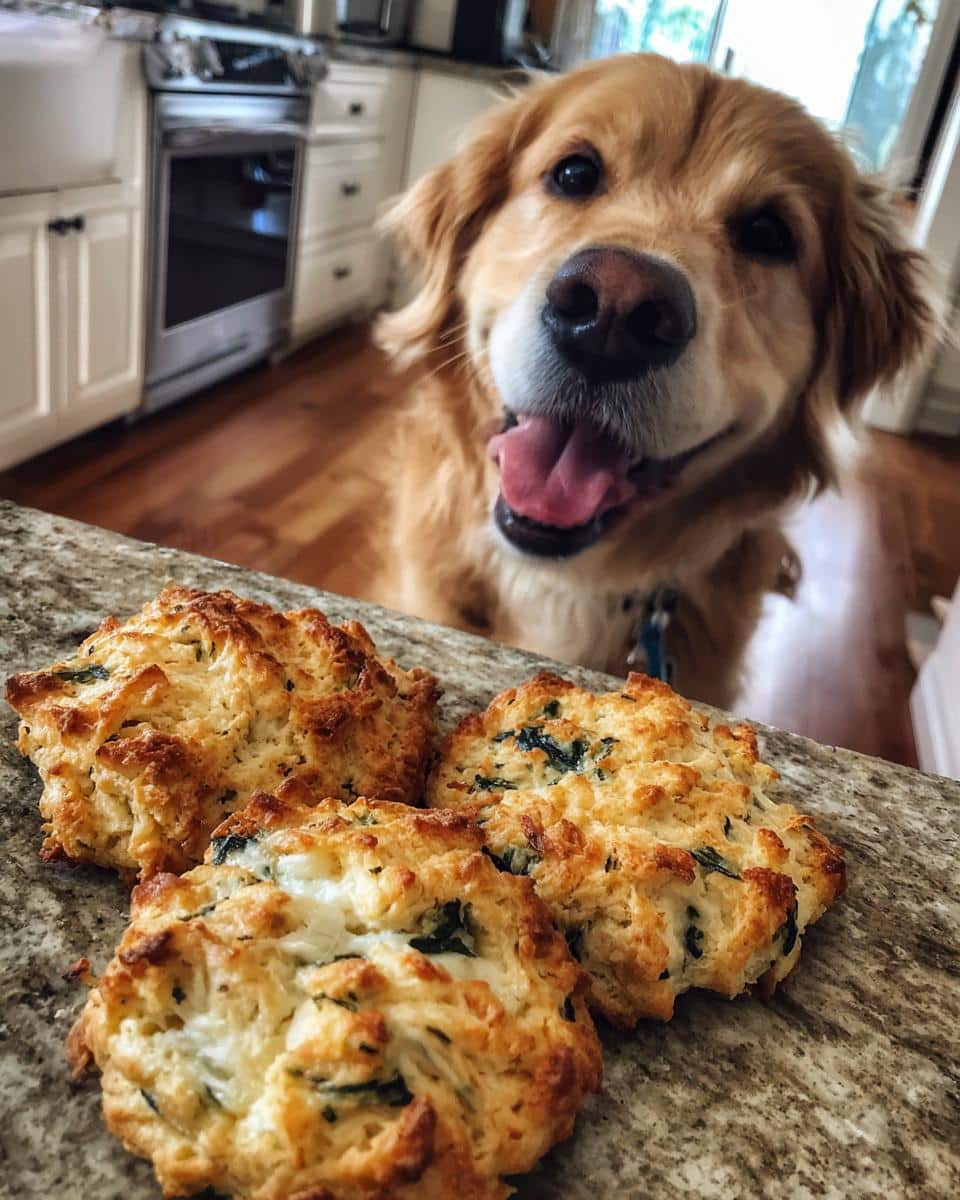 Three Cheesy Spinach Biscuits for Dogs on a counter, with a happy Golden Retriever looking on.